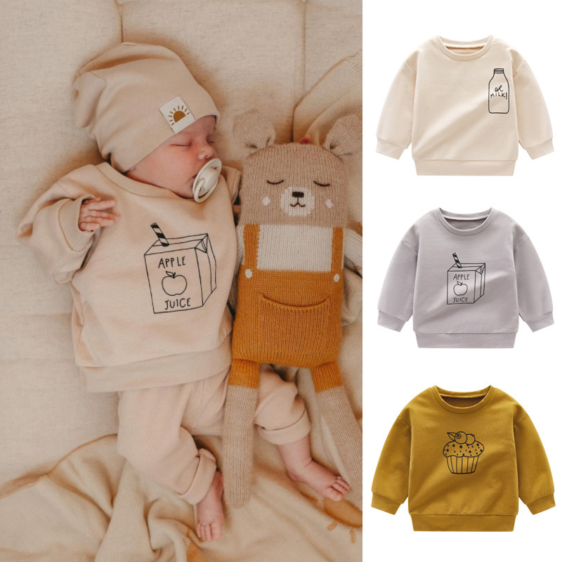Baby Clothing Organic Cotton - O-넥 밀크 프린트 스웨터, 가을 의류,
