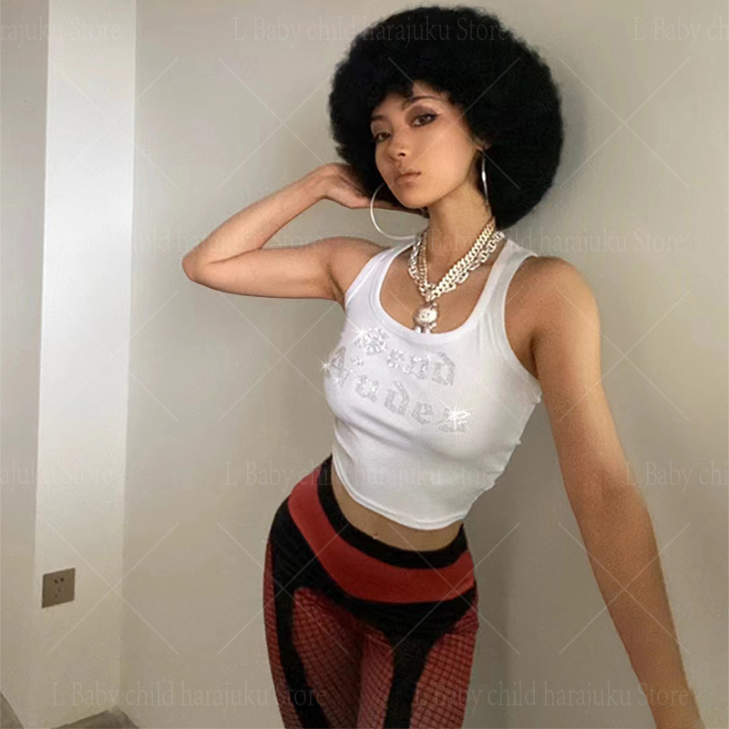 Y2K 라인스톤 레터 프린트 크롭탑 여성용, 여름 민소 - Baby Y2K Clothing 리뷰 및 가격